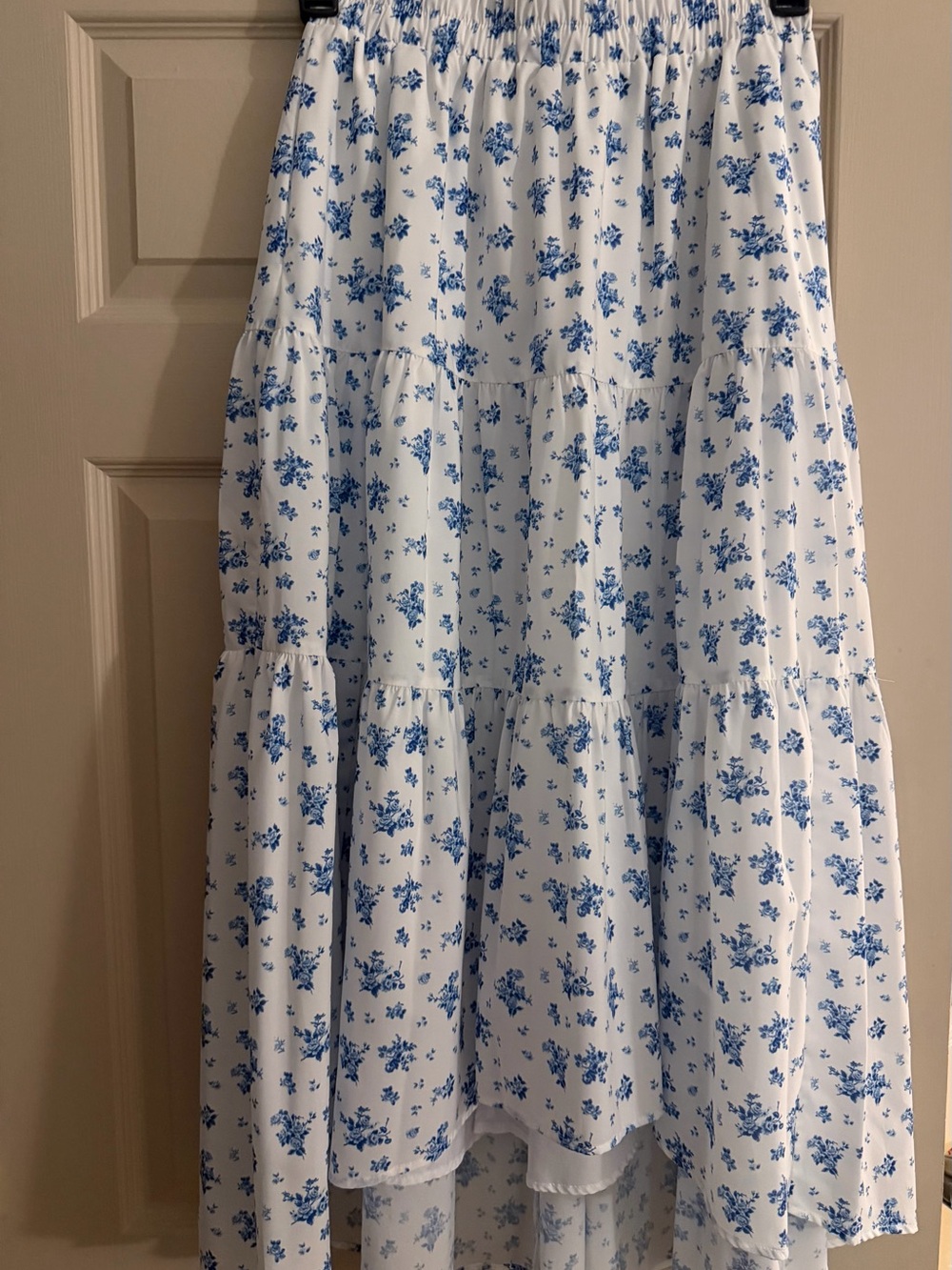 Women's White High-Low Tiered Skirt with Blue Floral Print